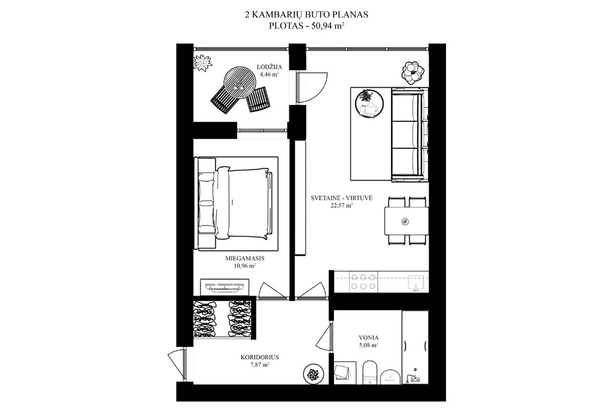 Parduodamas butas Perkūnkiemio g., Pašilaičiai, Vilniaus m., Vilniaus m. sav., 50.94 m2 ploto, 2 kambariai 25